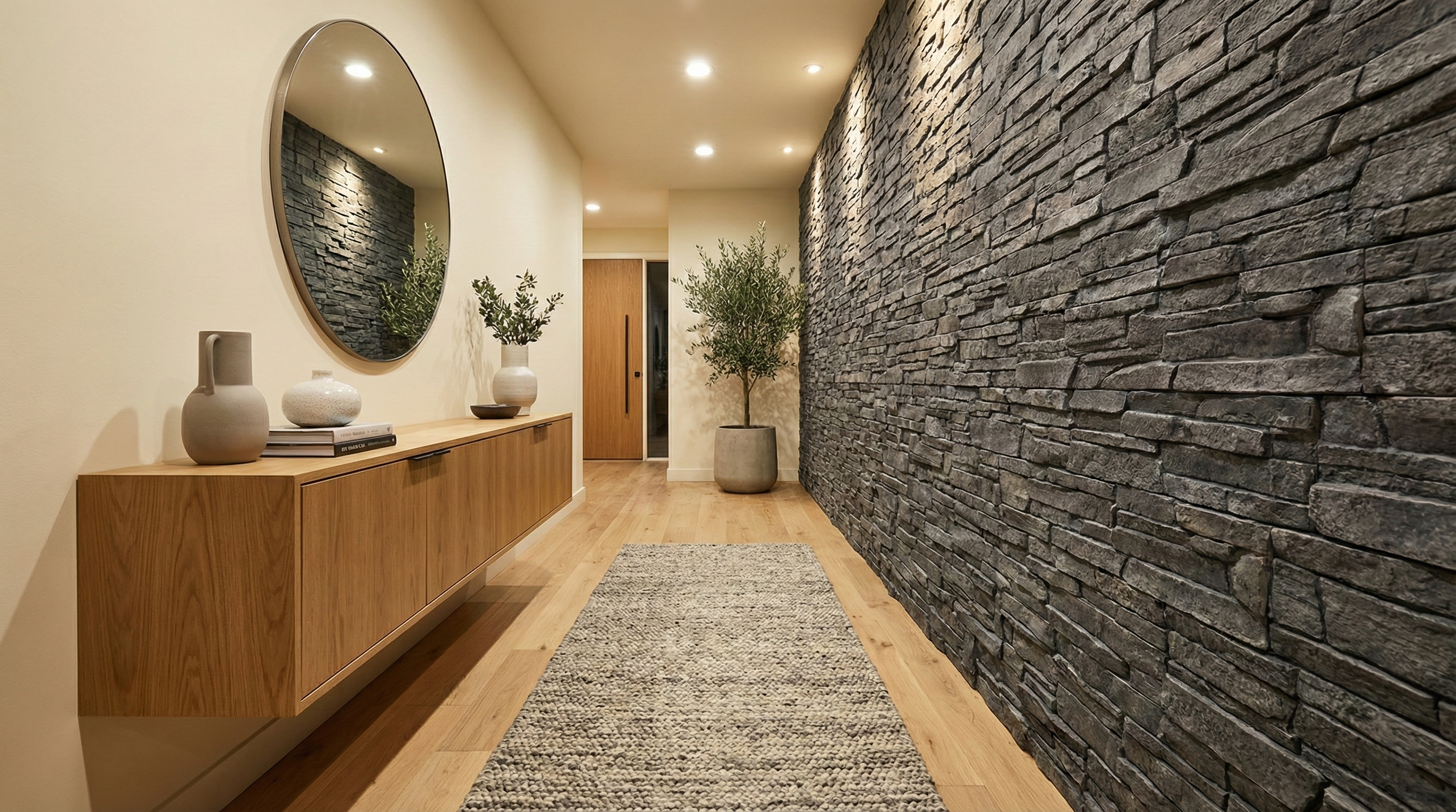 Reprezentativni hodnik sa Dolomite Grey kamenim oblogama - upečatljiv prvi utisak